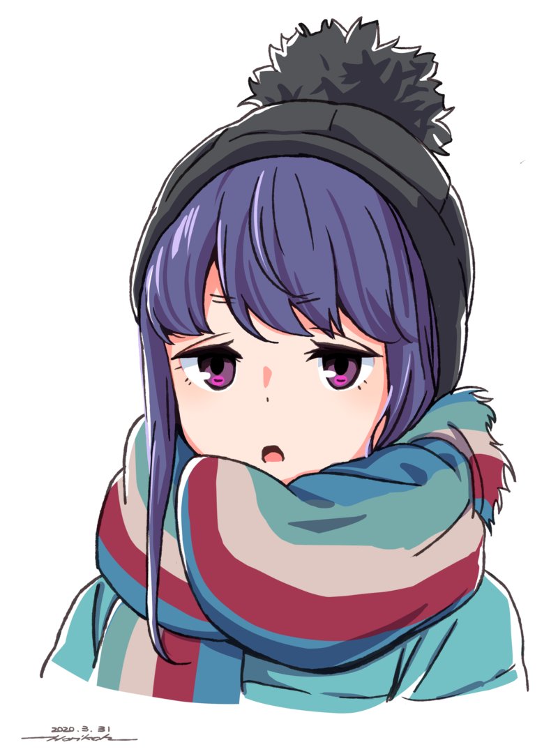 1girl artist_name black_headwear blue_hair bobblehat coat cropped_torso dated frown green_coat half-closed_eyes horikou long_hair looking_at_viewer multicolored multicolored_clothes multicolored_scarf open_mouth portrait scarf shima_rin sidelocks signature simple_background solo striped striped_scarf violet_eyes white_background yurucamp