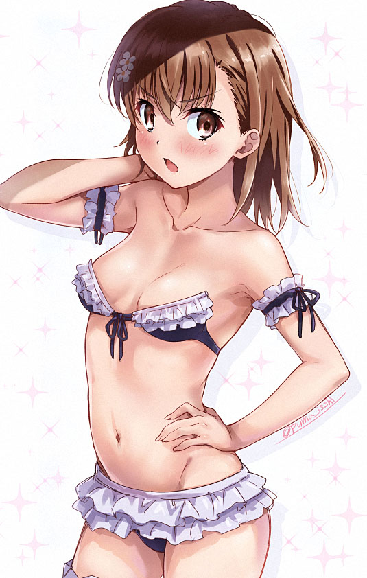 1girl armband bare_shoulders bikini black_bikini blush brown_eyes brown_hair collarbone eyebrows_visible_through_hair flower frilled_bikini frills front-tie_bikini front-tie_top hair_flower hair_ornament hand_on_hip hip_bones looking_at_viewer medium_hair midriff misaka_mikoto navel open_mouth puma_(hyuma1219) solo sparkle_background strapless strapless_bikini swimsuit thigh_strap to_aru_kagaku_no_railgun to_aru_majutsu_no_index twitter_username