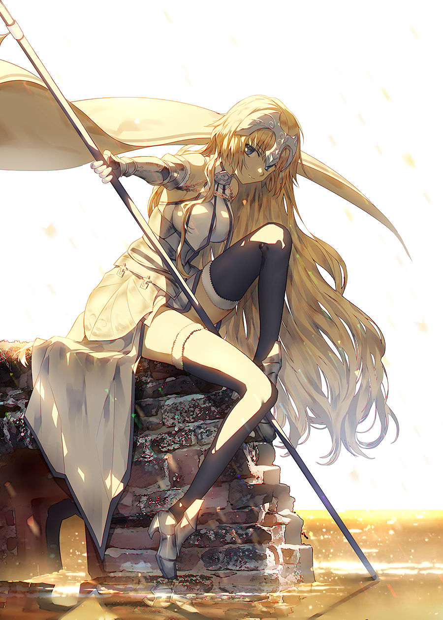 1girl armor bare_shoulders blonde_hair blue_eyes breasts chain day eyebrows_visible_through_hair fate/grand_order fate_(series) full_body high_heels highres jeanne_d'arc_(fate) jeanne_d'arc_(fate)_(all) long_hair looking_at_viewer medium_breasts offcar outdoors reflection simple_background sitting sleeveless solo thigh-highs vambraces very_long_hair wall water white_background