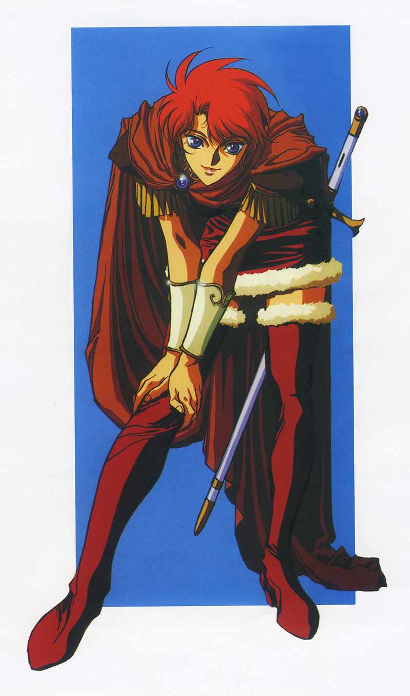 1990s_(style) 1girl blue_eyes boots brooch cape full_body fur_trim hands_on_own_knees highres hunched_over jewelry official_art record_of_lodoss_war red_footwear sheath sheathed shiris solo sword thigh-highs thigh_boots v_arms vambraces weapon yuuki_nobuteru