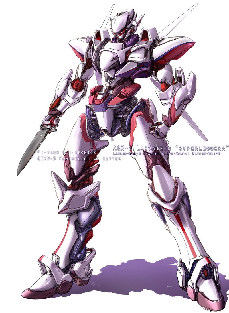 arx-8_laevatein character_name clenched_hand full_metal_panic! holding holding_knife knife lin+ looking_down mecha no_humans redesign solo white_background yellow_eyes