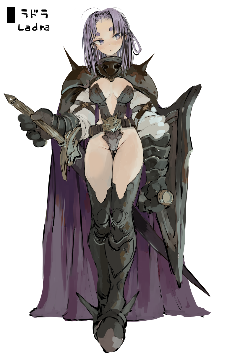 1girl boots breasts breasts_apart cape character_name closed_mouth ebimomo full_body gauntlets head_tilt highres holding holding_shield holding_sword holding_weapon leotard looking_at_viewer medium_breasts metal_boots pauldrons purple_cape purple_hair shield shoulder_armor shoulder_spikes simple_background solo spikes standing stones_of_dragon sword thigh-highs thigh_boots violet_eyes weapon white_background