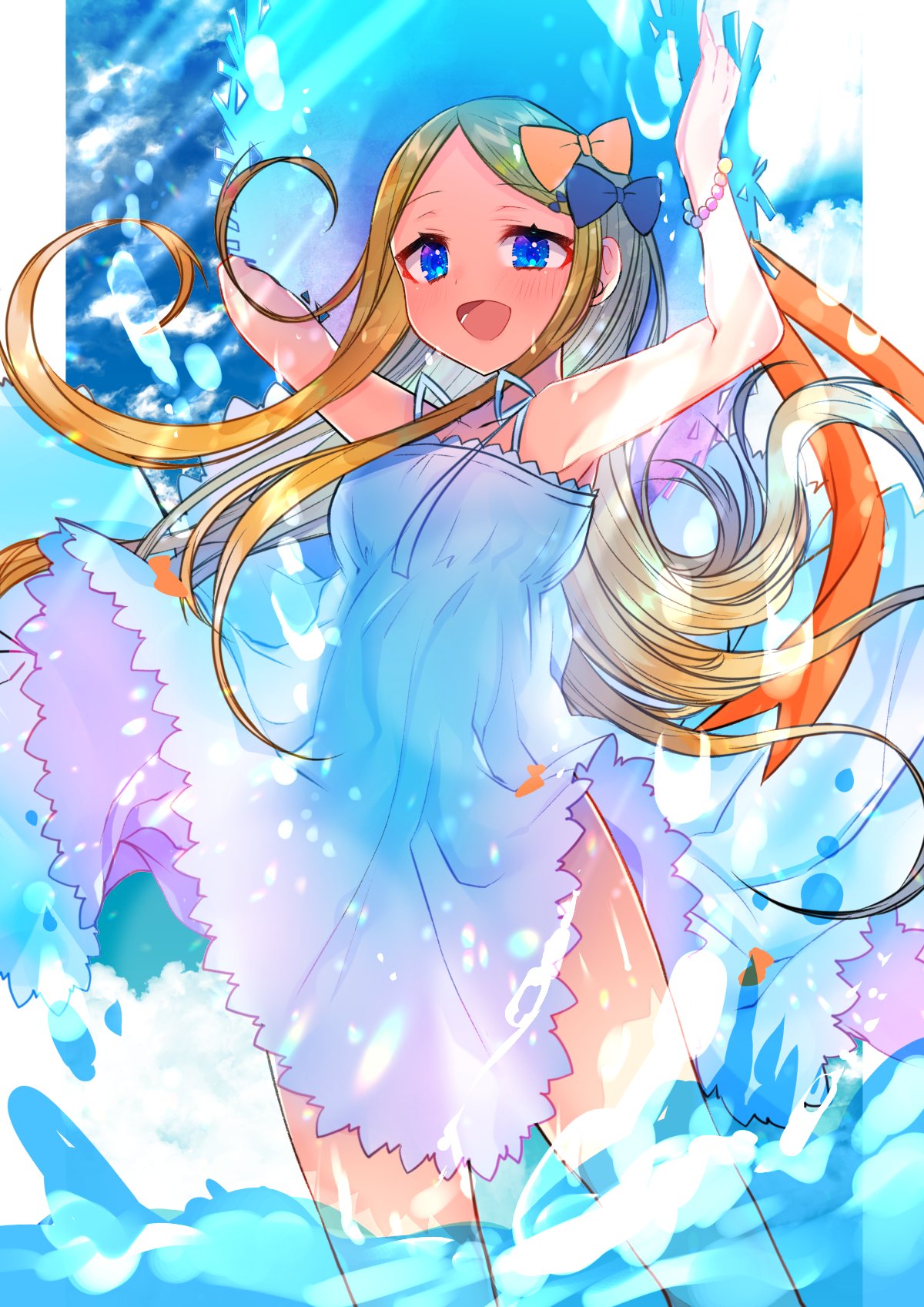 1girl abigail_williams_(fate/grand_order) akirannu armpits arms_up bangs bare_shoulders bead_bracelet beads black_bow blonde_hair blue_eyes blue_sky blush bow bracelet breasts collarbone dress fate/grand_order fate_(series) flower forehead hair_bow hat hat_bow hat_flower highres jewelry light_rays long_hair looking_at_viewer multiple_bows open_mouth orange_bow parted_bangs sidelocks sky small_breasts smile straw_hat thighs wading water white_dress white_headwear