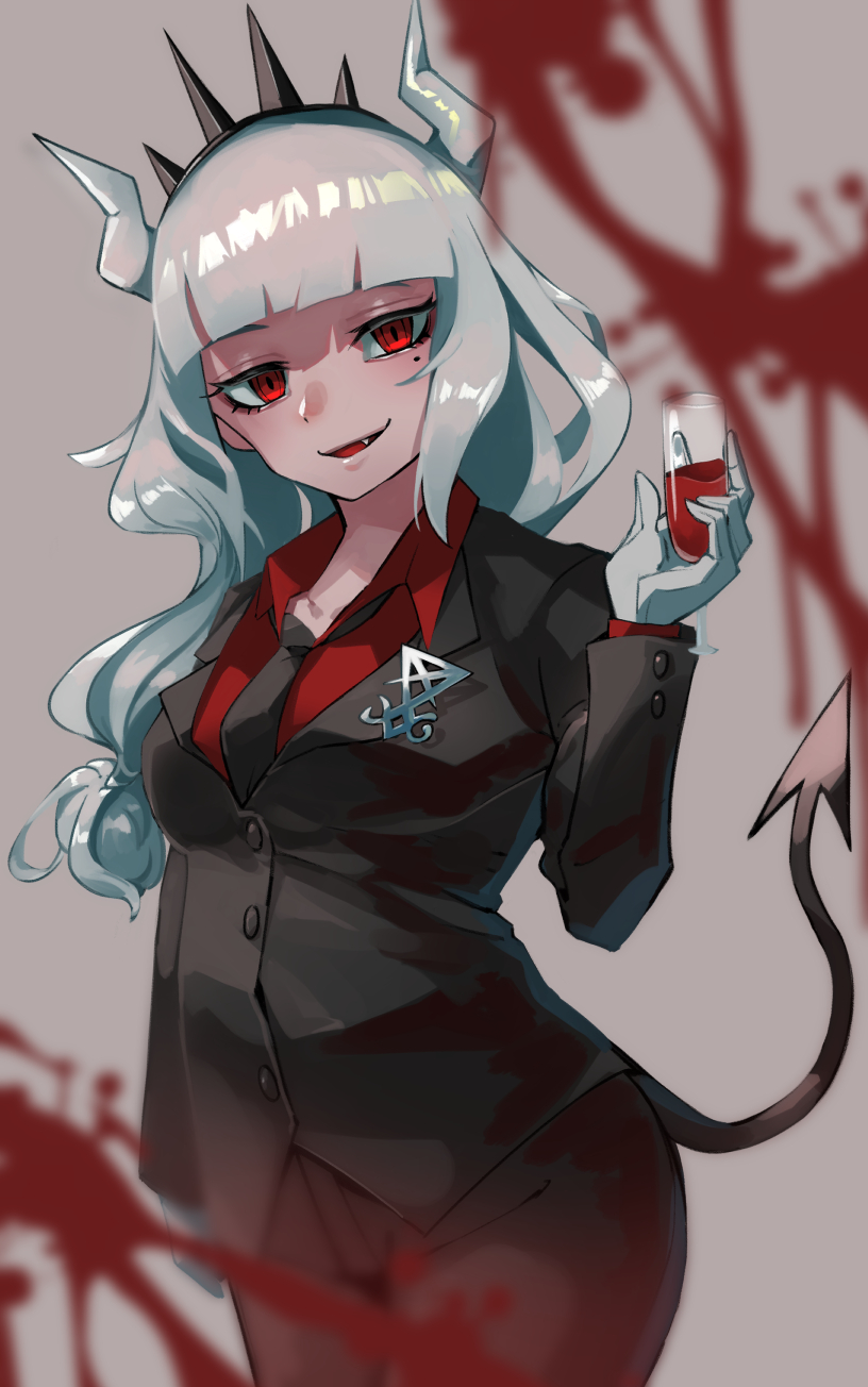 1girl alcohol bangs black_neckwear black_pants black_tail blood blood_stain blunt_bangs breasts business_suit clip_studio_paint_(medium) cup demon_girl demon_horns demon_tail fang formal gloves helltaker highres holding holding_cup horns kurokiri6630 long_hair looking_at_viewer lucifer_(helltaker) mole mole_under_eye necktie neckwear open_mouth pants red_eyes red_shirt shirt simple_background smile solo standing suit tail white_gloves white_horns wine