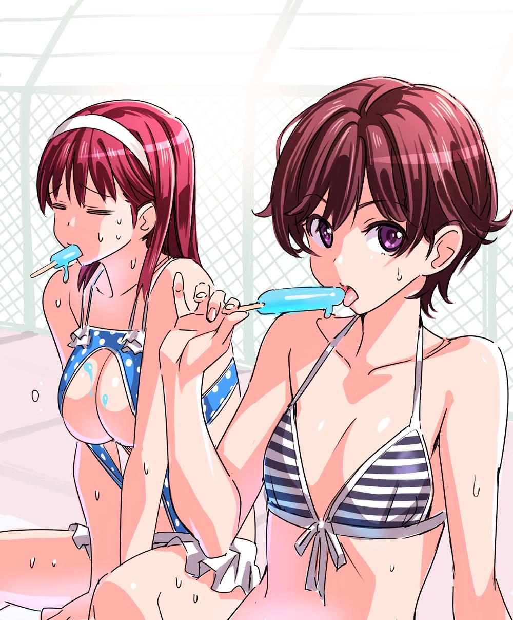 2girls :p bangs bikini black_bikini blue_swimsuit breasts brown_hair chain-link_fence closed_eyes commentary_request fence food food_in_mouth front-tie_bikini front-tie_top hairband highres holding holding_food kurara-chan_(suzutsuki_kurara) large_breasts medium_hair multiple_girls original polka_dot polka_dot_swimsuit popsicle redhead short_hair sitting small_breasts striped striped_bikini suzutsuki_kurara sweat swimsuit tongue tongue_out v_arms violet_eyes white_hairband