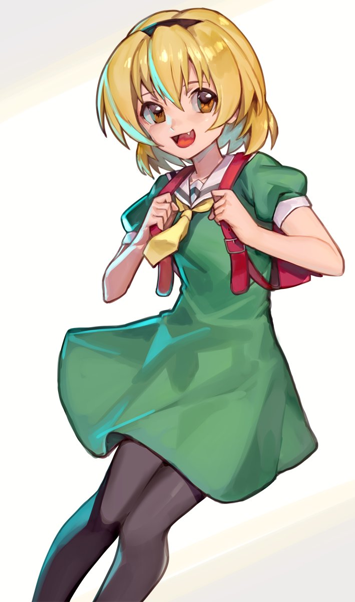 1girl :d backpack bag black_hairband black_legwear blonde_hair cowboy_shot dress english_commentary fang green_dress hair_between_eyes hairband highres higurashi_no_naku_koro_ni houjou_satoko looking_at_viewer neckerchief open_mouth pantyhose randoseru red_backpack sailor_collar short_hair sidelocks simple_background smile solo uncle_rabbit_ii white_background yellow_eyes yellow_neckwear