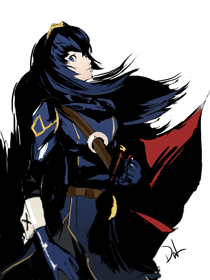 1girl alternate_costume alternate_hair_length alternate_hairstyle bangs belt blue_background blue_eyes blue_gloves blue_hair blue_shirt breasts cape commentary_request cosplay crown dh_(brink_of_memories) fingerless_gloves fire_emblem fire_emblem_awakening gloves hairband headband long_hair looking_at_viewer lucina lucina_(cosplay) lucina_(fire_emblem) lucina_(fire_emblem)_(cosplay) persona persona_4 persona_x_detective shadow shirogane_naoto shirt signature simple_background smile solo sword weapon white_background