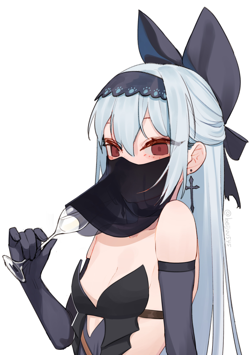 1girl bare_shoulders black_gloves blue_hair bow breasts champagne_flute choker cup drinking_glass earrings elbow_gloves girls_frontline gloves hair_bow hairband highres jewelry juz long_hair looking_at_viewer mask red_eyes simple_background solo tokarev_(girls_frontline) white_background