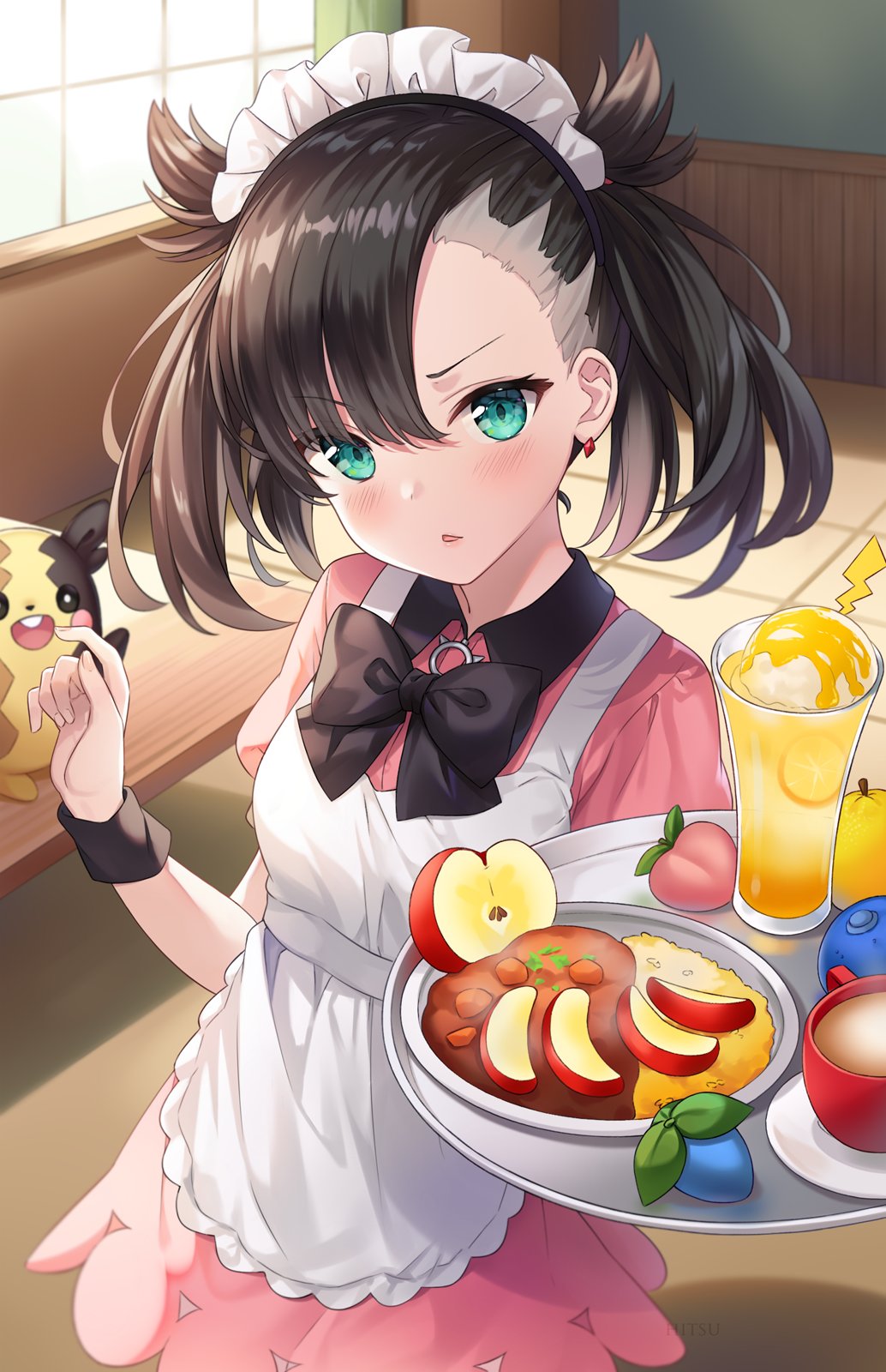 1girl apple apple_slice apron asymmetrical_bangs bangs berry_(pokemon) black_bow black_hair black_nails blush bow collared_shirt commentary cup curry curry_rice dress drinking_glass english_commentary eyebrows_visible_through_hair food fruit gen_8_pokemon green_eyes hair_ribbon highres hitsukuya holding holding_tray ice_cream ice_cream_float indoors long_hair looking_at_viewer maid_headdress mary_(pokemon) morpeko morpeko_(full) nail_polish oran_berry parted_lips pecha_berry pink_dress plate pokemon pokemon_(creature) pokemon_(game) pokemon_swsh puffy_short_sleeves puffy_sleeves rawst_berry red_apple red_ribbon ribbon rice shirt short_sleeves tray twintails white_apron window work_in_progress wrist_cuffs