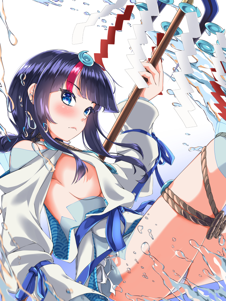 1girl bangs bare_shoulders black_hair blue_eyes blue_ribbon blush breasts clip_studio_paint_(medium) closed_mouth detached_leggings dress fate/grand_order fate/requiem fate_(series) fundoshi gradient gradient_background japanese_clothes jewelry large_breasts long_sleeves looking_at_viewer magatama magatama_hair_ornament medium_hair multicolored_hair necklace pelvic_curtain pink_hair polearm puffy_long_sleeves puffy_sleeves ribbon senruisa short_dress sideboob sideless_outfit spear streaked_hair thighs utsumi_erise water weapon white_background white_dress