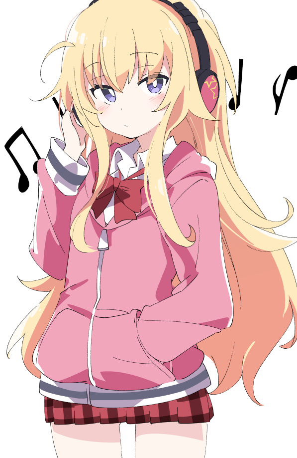 1girl bangs beamed_eighth_notes blonde_hair blush bow bowtie closed_mouth collared_shirt eighth_note eyebrows_visible_through_hair gabriel_dropout hair_between_eyes hand_in_pocket hand_on_headphones hand_up headphones hood hood_down hooded_jacket ixy jacket long_hair long_sleeves looking_at_viewer messy_hair musical_note pink_hoodie pink_jacket pleated_skirt quarter_note red_neckwear red_skirt shirt simple_background skirt solo tenma_gabriel_white very_long_hair violet_eyes white_background white_shirt