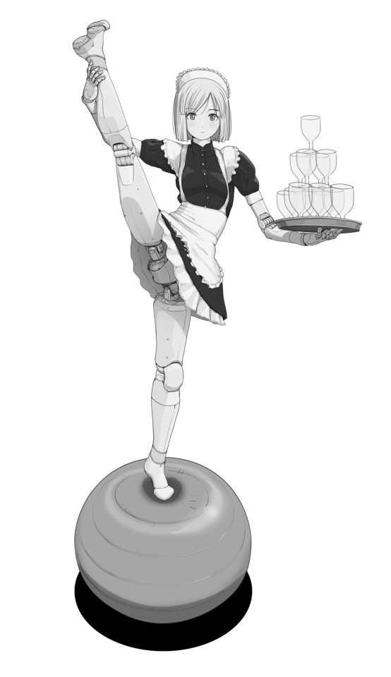 1girl android apron balancing balancing_ball bangs cup drinking_glass expressionless flat_chest flexible greyscale joints maid maid_apron maid_headdress mechanical_parts monochrome no_panties no_pussy original robot_joints science_fiction short_hair solo split standing standing_on_one_leg standing_split sukabu swept_bangs tray upskirt wine_glass