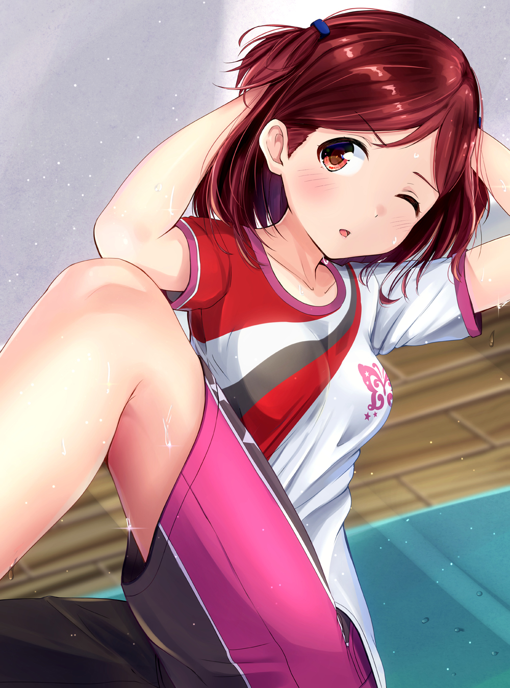 1girl ;o aoba_misaki arms_behind_head brown_eyes brown_hair highres hydro_p idolmaster idolmaster_million_live! idolmaster_million_live!_theater_days indoors medium_hair one_eye_closed shirt shorts solo stretch t-shirt