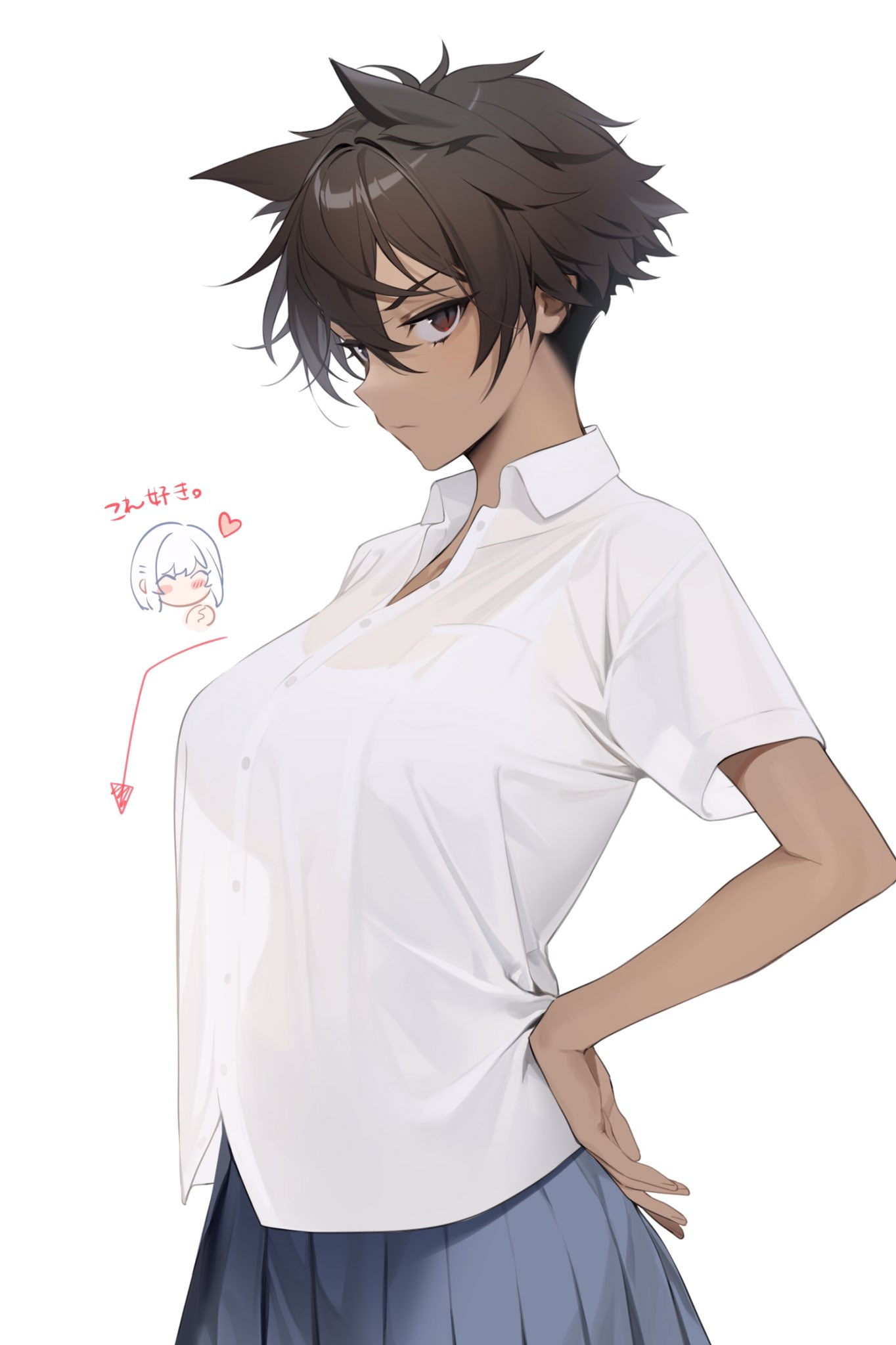 breasts dark_skin highres innertube large_breasts micchan_(ohisashiburi) nacchan_(ohisashiburi) ohisashiburi original see-through_silhouette shirt short_hair skirt upper_body