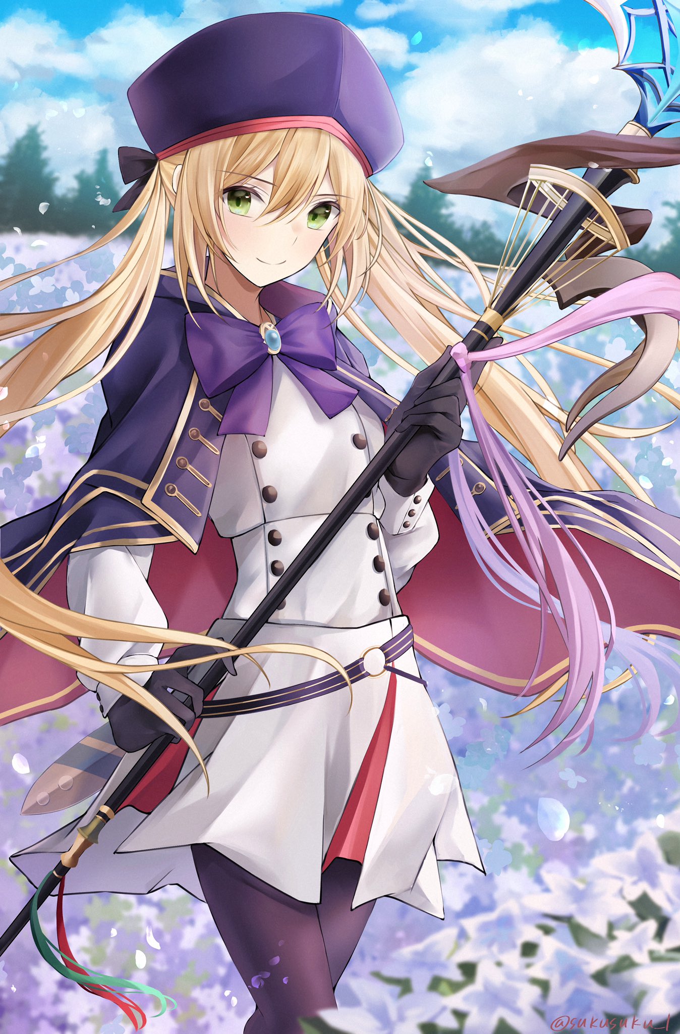 1girl artoria_pendragon_(all) artoria_pendragon_(caster) bangs black_gloves blonde_hair blue_cape blue_capelet bow bowtie cape capelet eyebrows_visible_through_hair fate/grand_order fate_(series) flower gloves green_eyes hair_between_eyes hat highres holding holding_staff long_hair long_sleeves looking_at_viewer o-ring_belt pantyhose skirt solo staff standing sukuemon twintails white_skirt