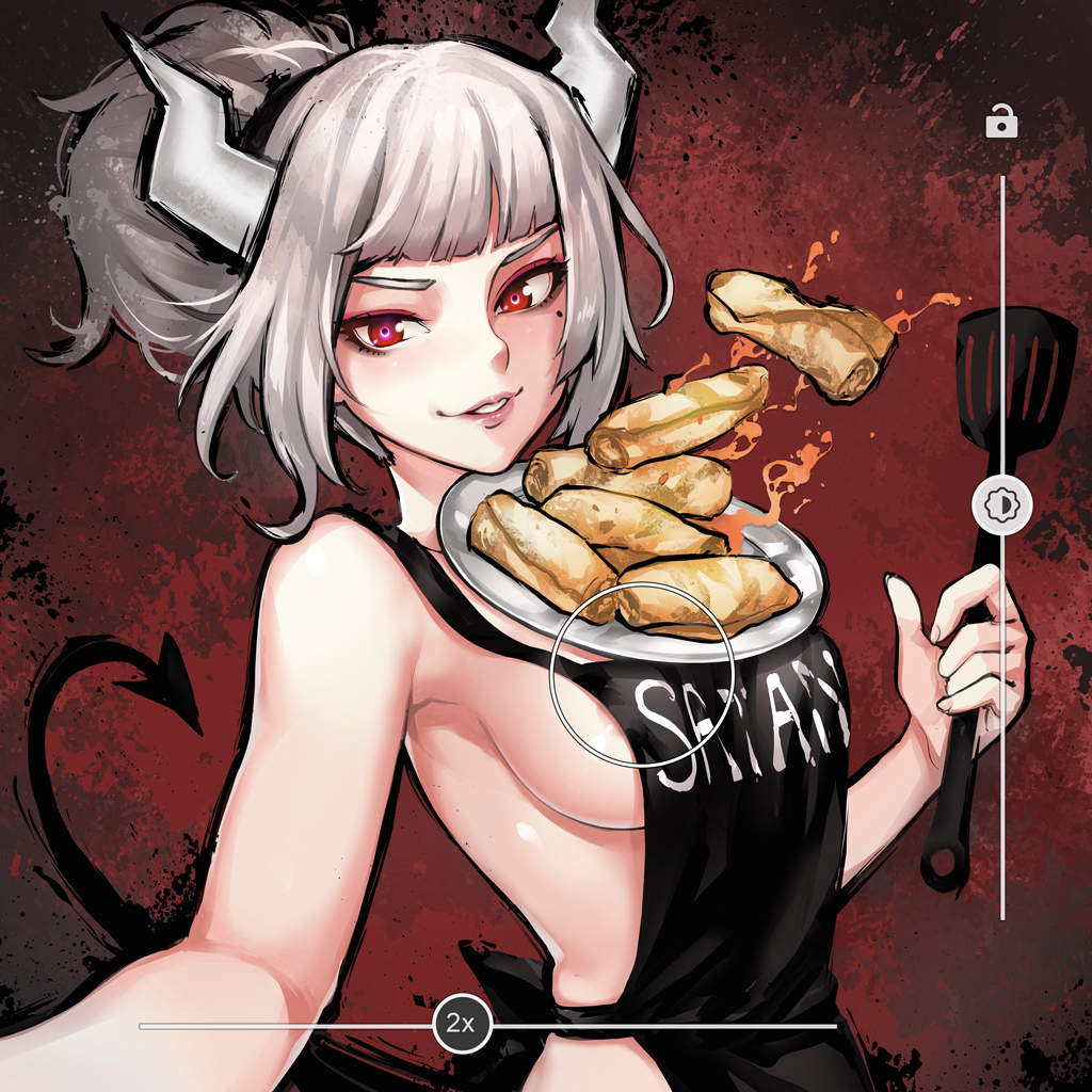 1girl apron armpits bangs bare_arms bare_shoulders black_apron blunt_bangs breasts character_name demon_girl demon_horns demon_tail food grey_hair helltaker holding horns looking_at_viewer lucifer_(helltaker) medium_breasts mole mole_under_eye naked_apron pancake parted_lips red_eyes robot_cat self_shot short_hair sideboob silver_hair smile smirk solo tail teeth upper_body white_horns