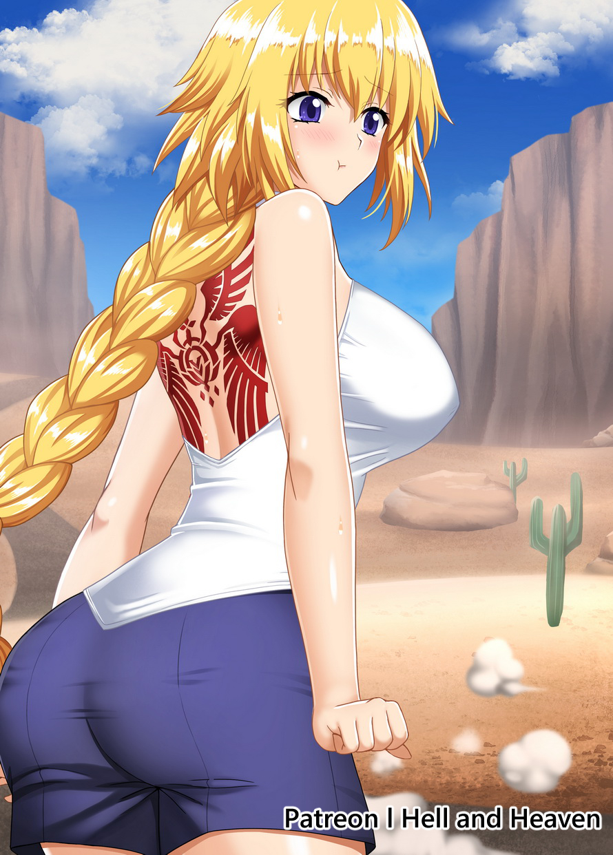 1girl :t back back_tattoo bangs bare_shoulders blonde_hair blue_eyes blue_shorts blue_sky blush braid breasts cactus clenched_hands clouds eyebrows_visible_through_hair fate/apocrypha fate/grand_order fate_(series) ground hellandheaven highres hitchhiking jeanne_d'arc_(fate) jeanne_d'arc_(fate)_(all) large_breasts long_braid outdoors pout shirt shorts sidelocks single_braid sky sleeveless sleeveless_shirt standing tattoo white_shirt