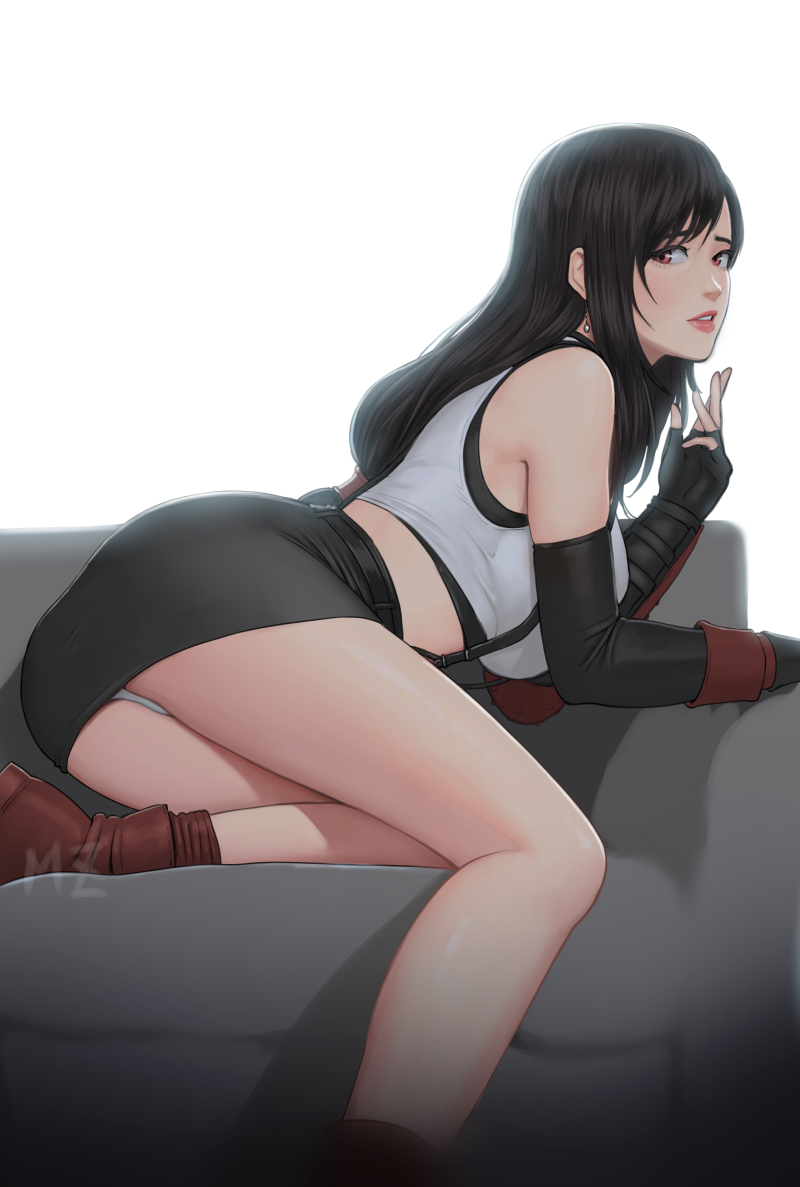 1girl ankle_boots backlighting black_gloves black_hair black_shorts black_skirt boots couch crop_top earrings elbow_gloves final_fantasy final_fantasy_vii fingerless_gloves gloves jewelry lips long_hair loose_socks low-tied_long_hair mezzo_(orbanga21) midriff nose on_couch panties pantyshot pencil_skirt pink_lips red_eyes red_footwear red_legwear shorts single_elbow_pad skirt solo suspender_skirt suspenders tank_top tifa_lockhart underwear vambraces white_panties white_tank_top