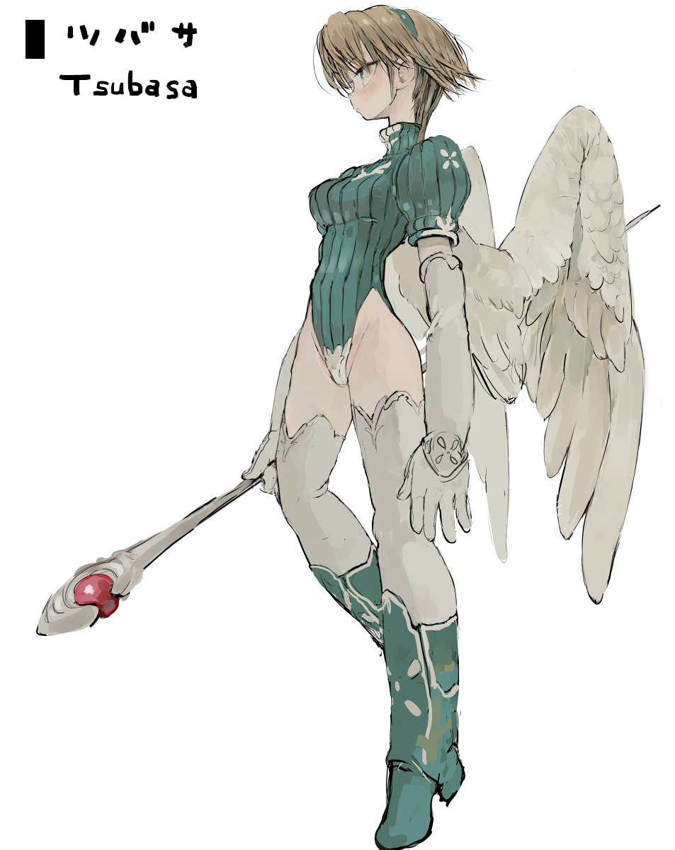 1girl angel_wings blonde_hair blue_footwear blue_leotard boots character_name closed_mouth contrapposto ebimomo feathered_wings full_body hairband high_heel_boots high_heels highleg highleg_leotard highres holding holding_staff leotard looking_at_viewer puffy_short_sleeves puffy_sleeves short_hair short_sleeves simple_background solo staff standing stones_of_dragon thigh-highs white_background white_legwear white_wings wings