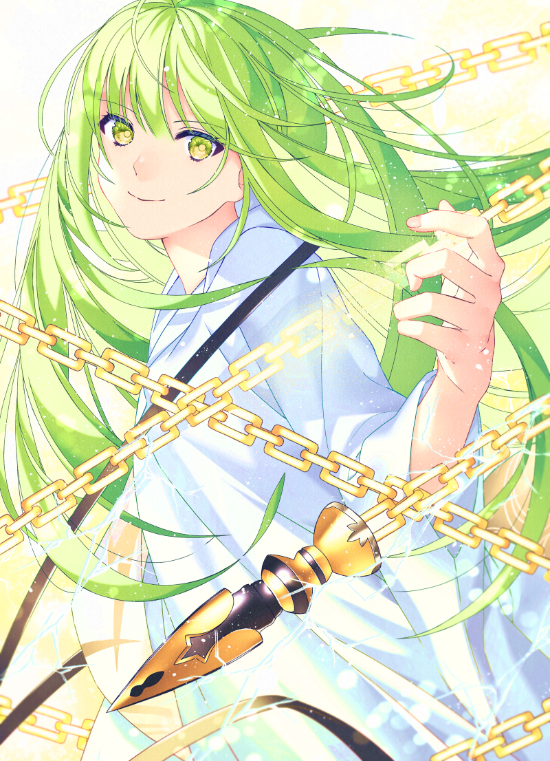 1other akapug621 androgynous chain electricity enkidu_(fate/strange_fake) enkidu_(weapon) fate/grand_order fate/strange_fake fate_(series) green_eyes green_hair long_hair robe smile very_long_hair