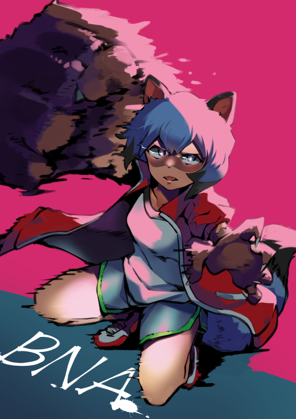 1girl animal_ears blue_hair blue_shorts brand_new_animal claws clenched_hand clip_studio_paint_(medium) copyright_name fang full_body furry jacket kagemori_michiru kurokiri6630 looking_at_viewer motion_blur open_mouth pink_background punching raccoon_ears raccoon_girl raccoon_tail red_jacket shirt shoes short_hair short_shorts shorts simple_background sneakers solo tail track_jacket white_shirt