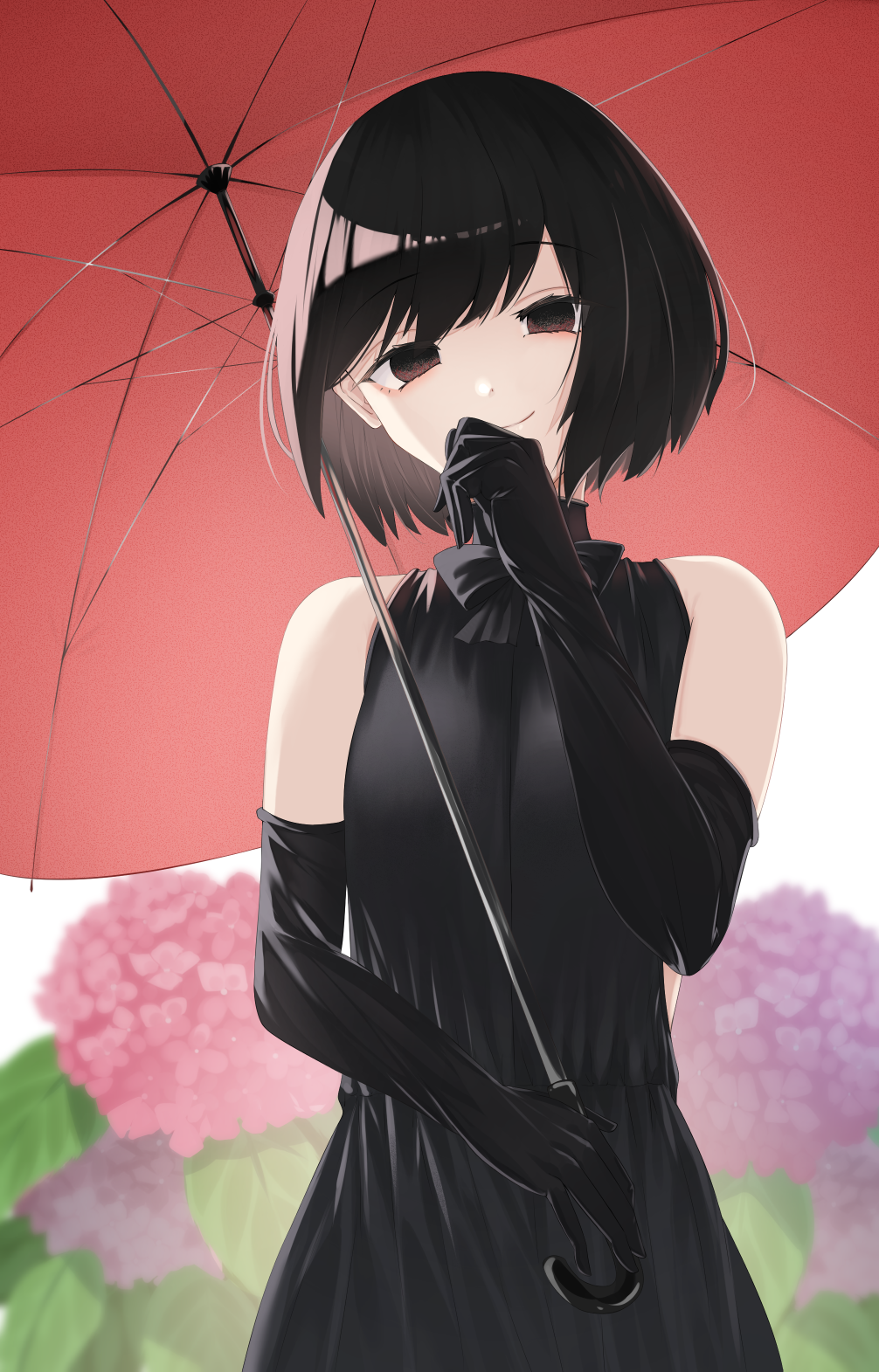 1girl bangs bare_shoulders black_bow black_dress black_gloves black_hair black_neckwear bob_cut bow bowtie breasts brown_eyes commentary cowboy_shot dress elbow_gloves empty_eyes flower foliage gloves hair_strand hand_to_own_mouth head_tilt highres holding holding_umbrella laughing light_smile looking_at_viewer monogatari_(series) oshino_ougi pink_flower red_umbrella short_hair sleeveless sleeveless_dress small_breasts solo swept_bangs turtleneck_dress umbrella yamada_maya_(user_xmvn3833)