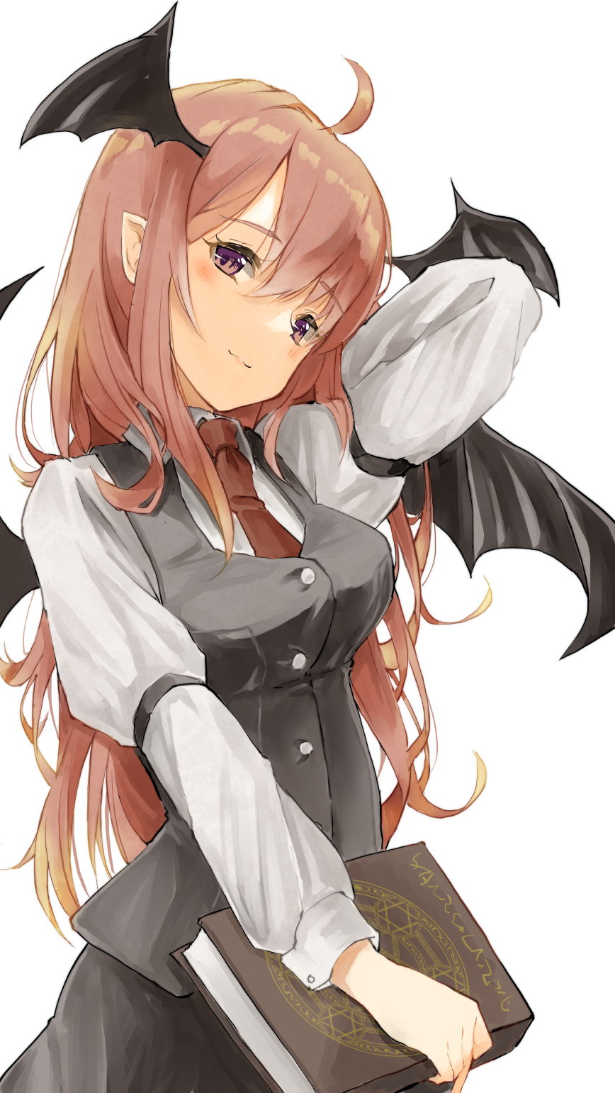 1girl ahoge arm_up bat_wings black_skirt black_vest black_wings blush book breasts closed_mouth commentary_request cowboy_shot demon_girl head_tilt head_wings highres holding holding_book koakuma long_hair long_sleeves looking_at_viewer medium_breasts necktie pointy_ears red_neckwear redhead shirt simple_background skirt smile solo succubus touhou very_long_hair vest violet_eyes white_background white_shirt wings yamabukiiro_(browncat)