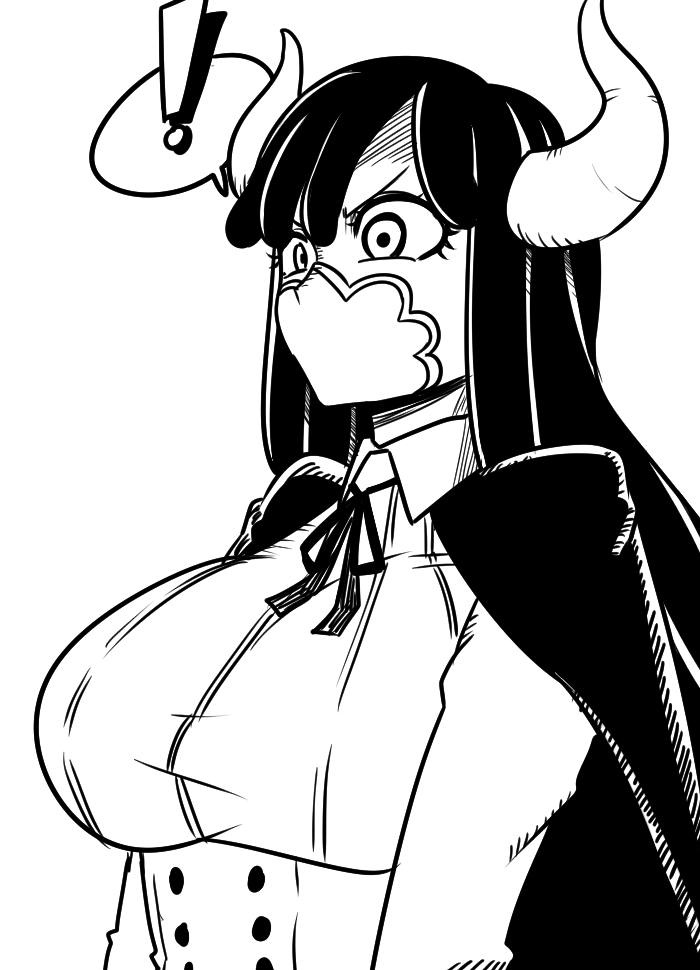 ! 1girl breasts cape commentary_request hair_between_eyes horns korean_commentary large_breasts long_hair mask mouth_mask mu_(arone5023) one_piece simple_background solo speech_bubble spoken_exclamation_mark surprised ulti_(one_piece) upper_body