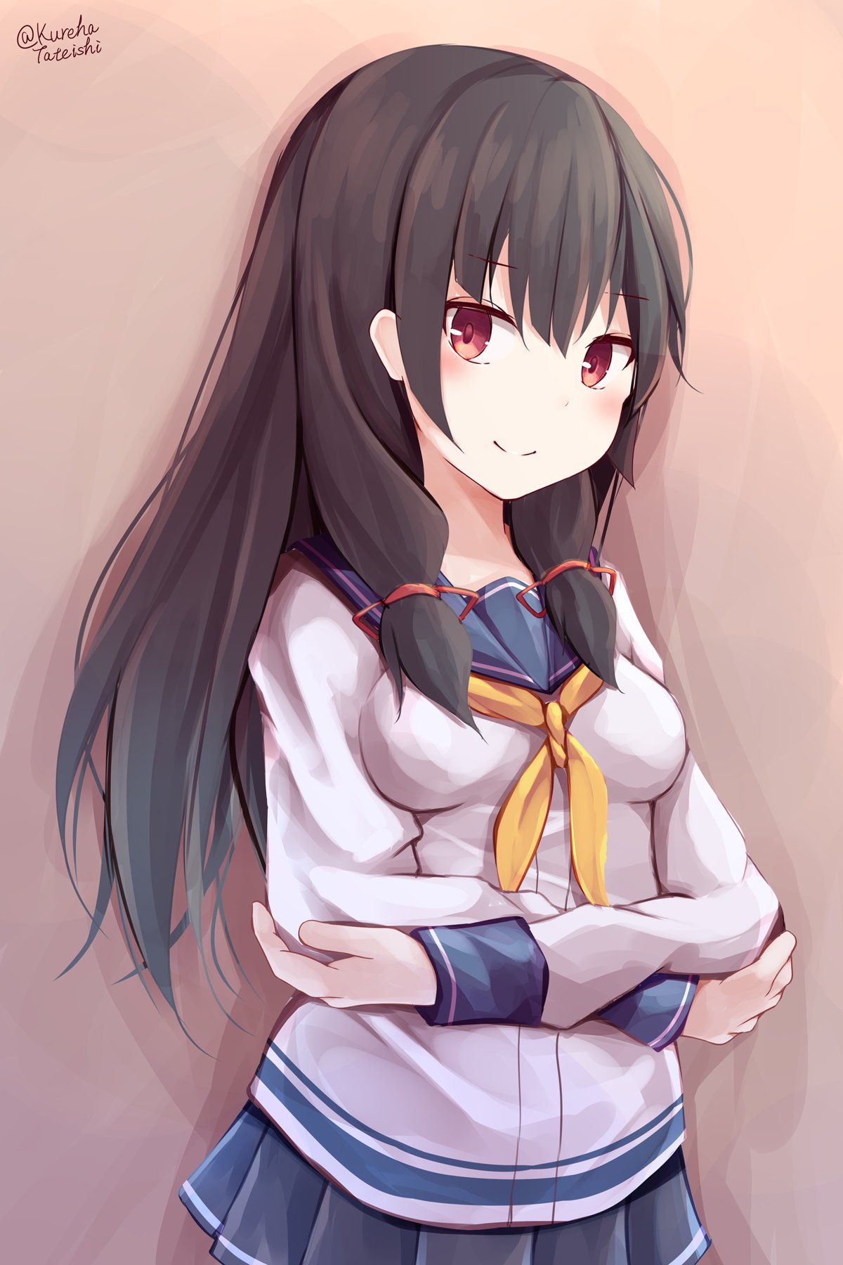 1girl black_hair blue_sailor_collar commentary_request cowboy_shot crossed_arms gloves grey_skirt hair_ribbon hamayuu_(litore) highres isokaze_(kantai_collection) kantai_collection long_hair long_sleeves looking_at_viewer neckerchief pleated_skirt red_eyes ribbon sailor_collar school_uniform serafuku skirt smile solo tress_ribbon twitter_username white_gloves yellow_neckwear