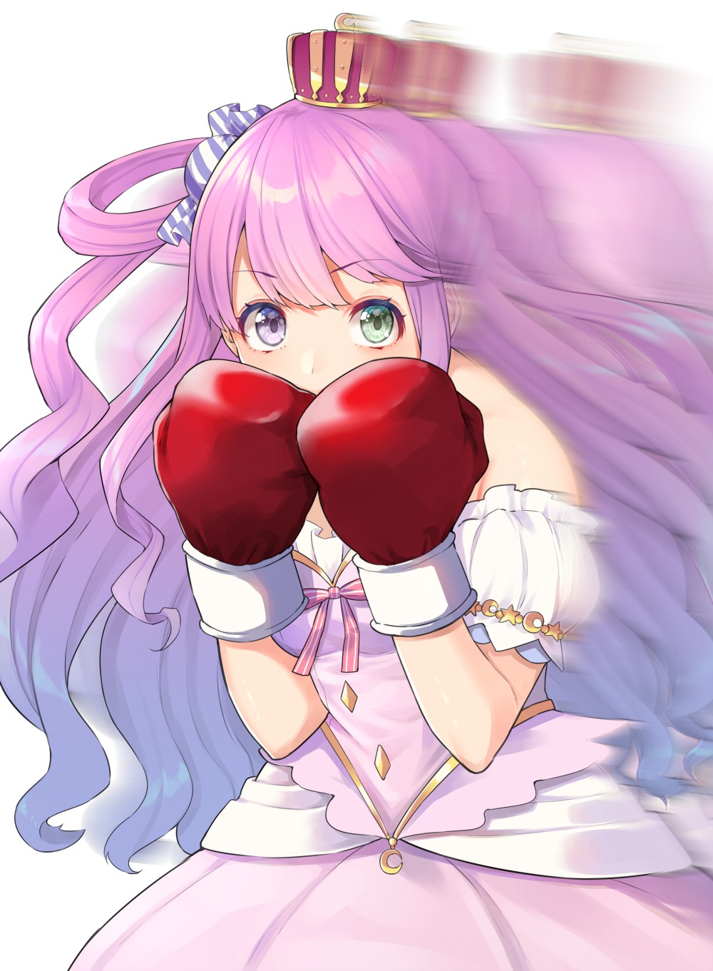 1girl afterimage boxing_gloves breasts candy_hair_ornament commentary covered_mouth cowboy_shot crown dress eyebrows_visible_through_hair fighting_stance food_themed_hair_ornament gradient_hair green_eyes hair_ornament hair_rings heterochromia highres himemori_luna hololive long_hair looking_at_viewer medium_breasts mikan_(chipstar182) mini_crown multicolored_hair off-shoulder_dress off_shoulder pink_dress pink_hair princess purple_hair side_ponytail simple_background solo two-tone_hair violet_eyes virtual_youtuber white_background