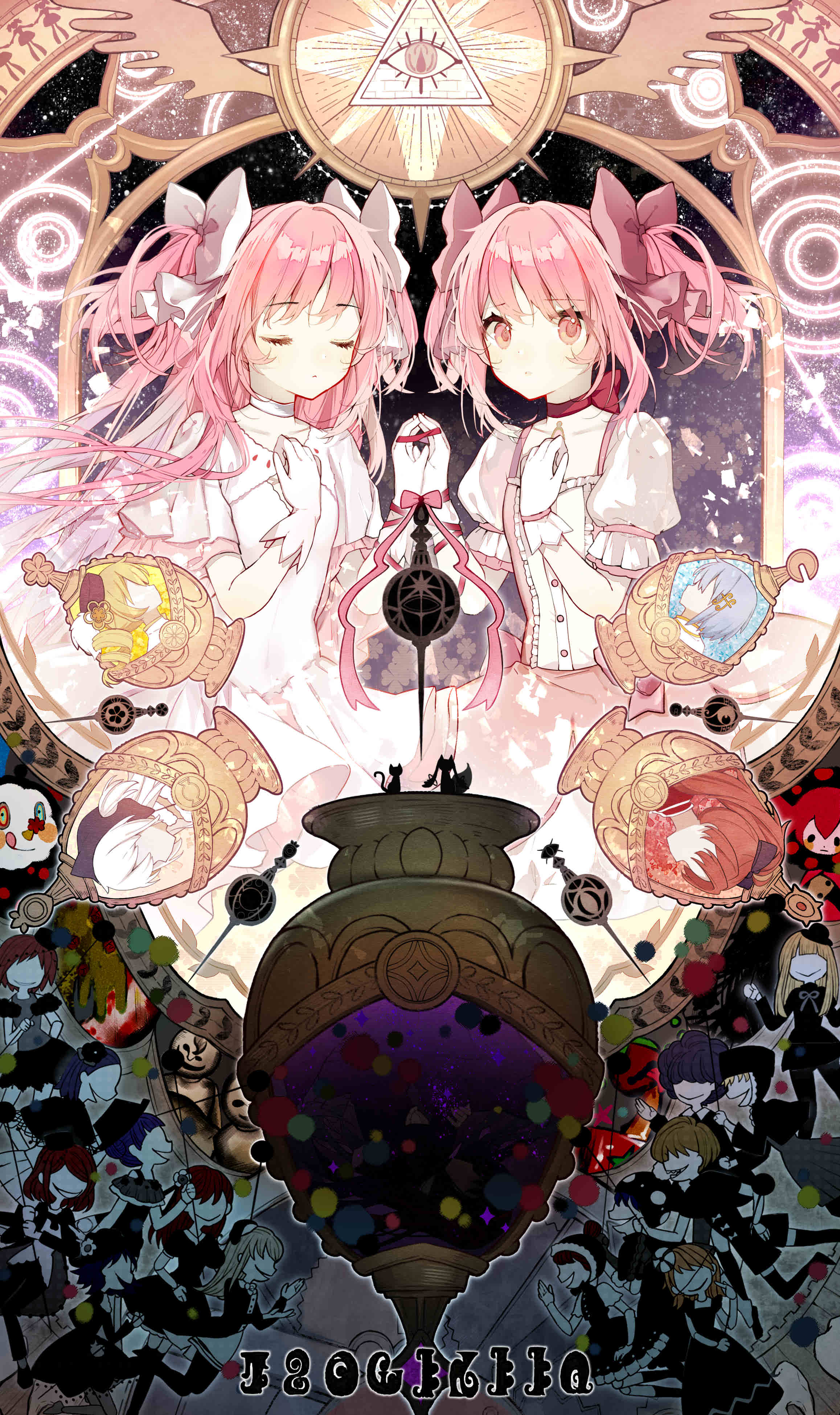 6+girls absurdres akemi_homura amy_(madoka_magica) animal beanie beret black_dress black_hair black_headwear black_ribbon blonde_hair blue_hair bound cat charlotte_(madoka_magica) choker circle clara_dolls_(madoka_magica) closed_eyes closed_mouth collarbone colorful commentary_request corruption creature cutout dark_background dress drill_hair dual_persona evil_smile expressionless eyebrows_visible_through_hair eyelashes eyes_visible_through_hair face familiar_(madoka_magica) fingers_together flat_chest floating_hair floral_background fortissimo fortissimo_hair_ornament frilled_sleeves frills funeral_dress furrowed_eyebrows gloves glowing goddess_madoka gradient gradient_background grief_seed hair_between_eyes hair_ornament hair_ribbon hairclip hand_on_own_chest hand_up hands_together hat high_collar high_ponytail highres homulilly in_container kakami_(pixiv7616827) kaname_madoka kyubey light_particles light_rays long_dress long_hair looking_at_viewer madoka_runes magic_circle mahou_shoujo_madoka_magica mahou_shoujo_madoka_magica_movie miki_sayaka momoe_nagisa multiple_girls night night_sky no_eyes no_mouth no_nose octagram pale_skin parted_lips pink_eyes pink_hair pink_ribbon pink_theme polka_dot pom_pom_(clothes) ponytail profile puffy_short_sleeves puffy_sleeves red_background red_choker red_neckwear redhead ribbon ribbon_choker sakura_kyouko shiny shiny_hair short_hair short_sleeves side-by-side sidelocks silhouette single_eye sky smile soul_gem sparkle_background star_(sky) starry_background starry_sky submerged tied_up tomoe_mami triangle twin_drills twintails two_side_up upper_body very_long_hair white_background white_choker white_dress white_gloves white_hair white_neckwear white_ribbon wide_sleeves wings witch_(madoka_magica) worried yellow_background