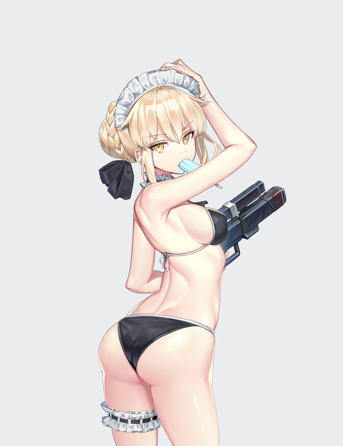 1girl artoria_pendragon_(all) artoria_pendragon_(swimsuit_rider_alter) ass back bangs bare_shoulders bikini black_bikini black_ribbon braid breasts fate/grand_order fate_(series) food food_in_mouth french_braid gun hair_bun hair_ribbon leg_garter long_hair looking_at_viewer looking_back maid_bikini maid_headdress medium_breasts mouth_hold photoshop_(medium) popsicle ribbon rity sidelocks simple_background swimsuit thighs weapon yellow_eyes