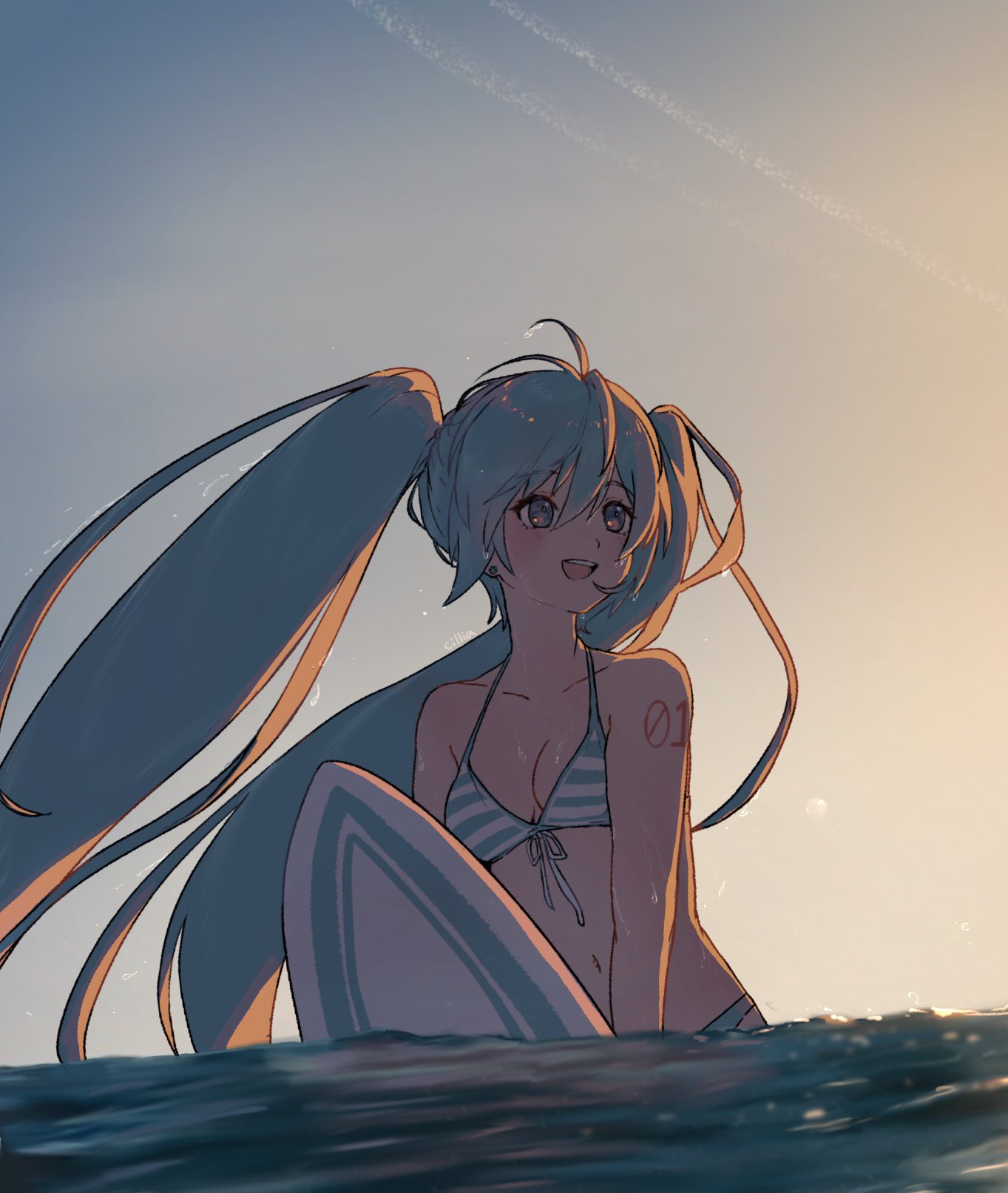 1girl aqua_eyes aqua_hair bare_shoulders bikini bikini_top breasts cillia earrings front-tie_top hatsune_miku highres jewelry long_hair navel ocean open_mouth small_breasts smile solo striped striped_bikini summer sunset surfboard swimsuit twintails very_long_hair vocaloid water