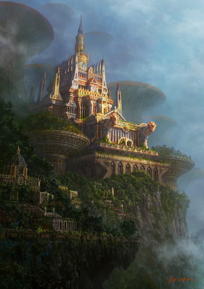 architecture castle cliff clouds cloudy_sky fantasy fog k-takano mountain mushroom no_humans original outdoors oversized_plant scenery signature sky spire tree