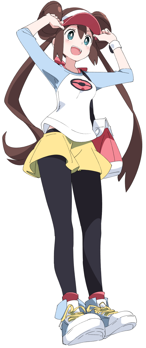 1girl :d bag black_legwear blue_eyes brown_hair double_bun eyebrows_visible_through_hair full_body hair_between_eyes hands_up highres ixy long_hair mei_(pokemon) open_mouth pantyhose pokemon pokemon_(game) pokemon_bw2 raglan_sleeves shoes shorts simple_background smile sneakers solo standing teeth twintails upper_teeth visor_cap white_background yellow_shorts