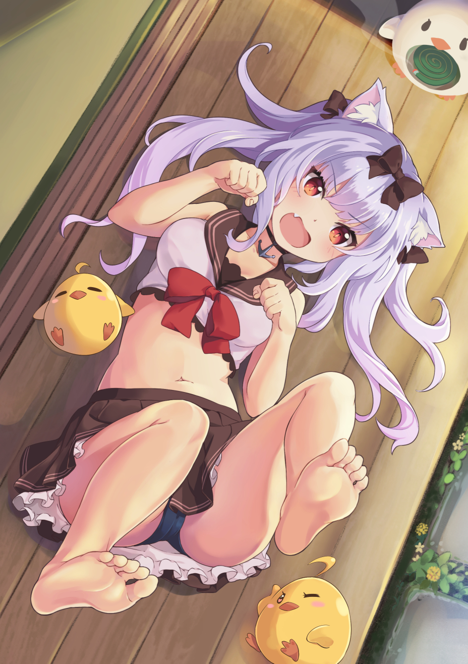 1girl animal_ear_fluff animal_ears azur_lane bare_arms bare_shoulders barefoot black_bow black_choker black_sailor_collar blush bow cat_ears choker claw_pose crop_top fang fang_out hair_bow hands_up highres long_hair lying manjuu_(azur_lane) misashi_(raichi821) on_back panties pleated_skirt red_bow red_eyes sailor_collar school_uniform serafuku shirt silver_hair skirt sleeveless sleeveless_shirt smile solo twintails underwear very_long_hair white_shirt yukikaze_(azur_lane)