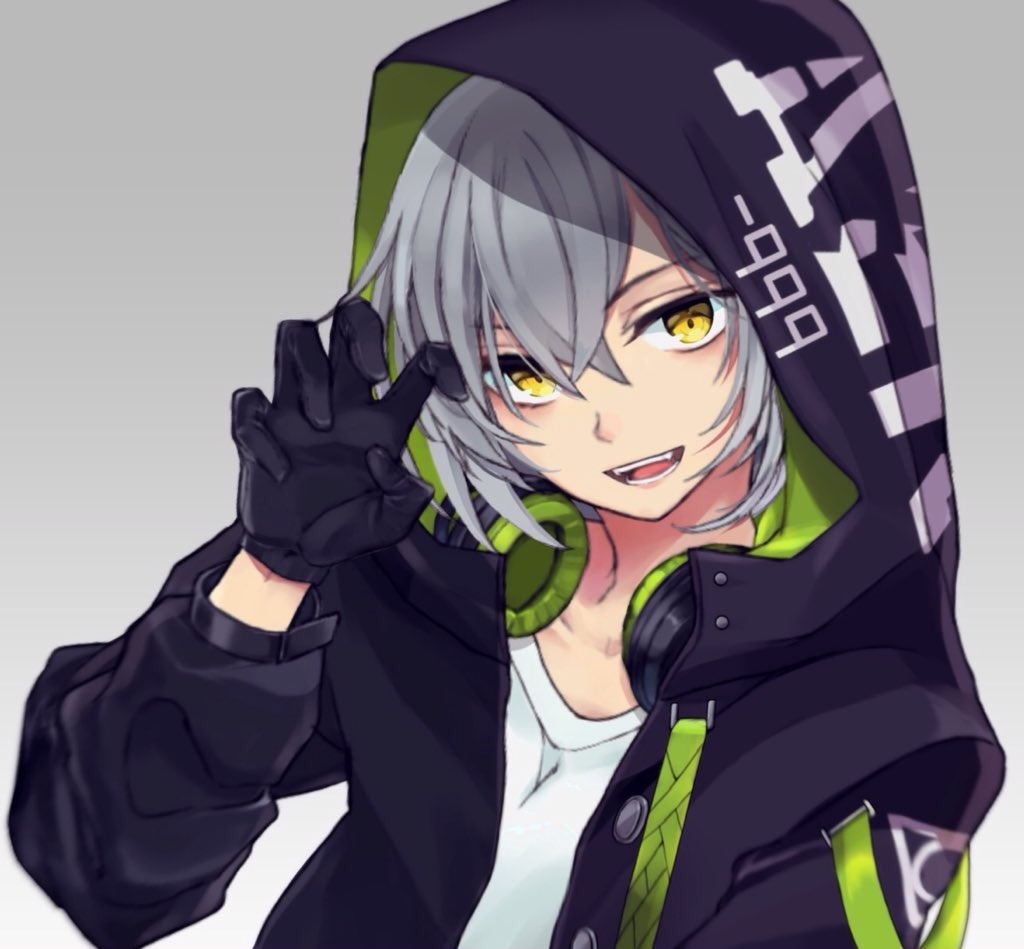 1girl 2018 :d aek-999_(girls_frontline) black_gloves black_jacket buttons claw_pose cyril_m45 emblem fangs girls_frontline gloves grey_background hair_over_eyes hand_up headphones headphones_around_neck hood hood_up hooded_jacket jacket looking_at_viewer neon_trim open_mouth shiny shiny_clothes shirt short_hair simple_background smile solo t-shirt upper_body white_shirt yellow_eyes