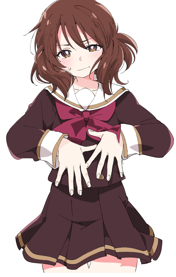 1girl blush brown_eyes brown_hair brown_skirt closed_mouth hibike!_euphonium ixy kitauji_high_school_uniform long_sleeves looking_at_viewer oumae_kumiko pleated_skirt sailor_collar school_uniform short_hair simple_background skirt solo white_background white_sailor_collar