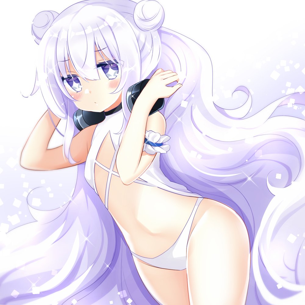 1girl azur_lane bangs bare_shoulders bikini bikini_bottom blue_eyes blush closed_mouth double_bun dutch_angle eyebrows_visible_through_hair gradient gradient_background hair_between_eyes hands_up headphones headphones_around_neck le_malin_(azur_lane) le_malin_(wednesday's_retreat)_(azur_lane) long_hair purple_background shikito silver_hair solo swimsuit very_long_hair white_background white_bikini