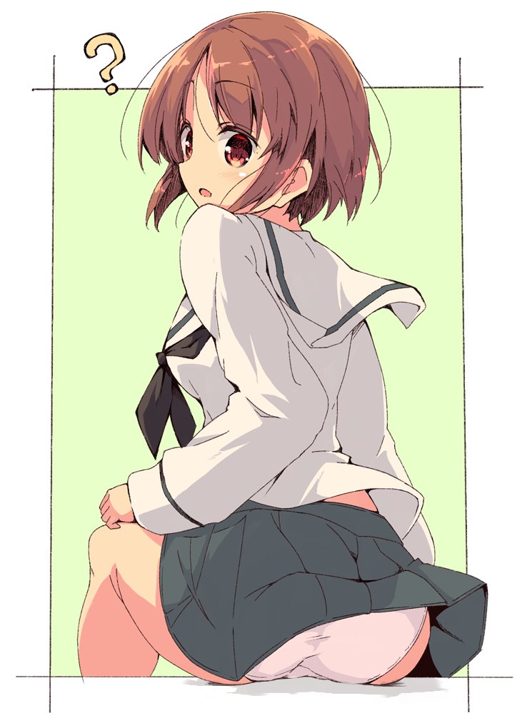 1girl :o ? ass bangs black_border black_neckwear blouse border brown_eyes brown_hair commentary crotch_seam eyebrows_visible_through_hair from_behind girls_und_panzer green_border green_skirt long_sleeves looking_at_viewer looking_back miniskirt neckerchief nishizumi_miho ooarai_school_uniform outside_border panties pleated_skirt school_uniform serafuku short_hair sitting skirt skirt_lift solo tom_q_(tomtoq) underwear white_blouse white_panties wind wind_lift