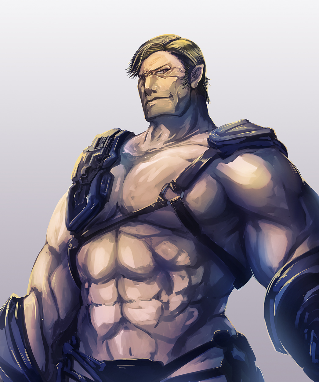 1boy abs blonde_hair brown_eyes clip_studio_paint_(medium) commentary_request eyebrows_visible_through_hair hair_between_eyes highres looking_at_viewer muscle original photoshop_(medium) pointy_ears simple_background tenmaso upper_body white_background