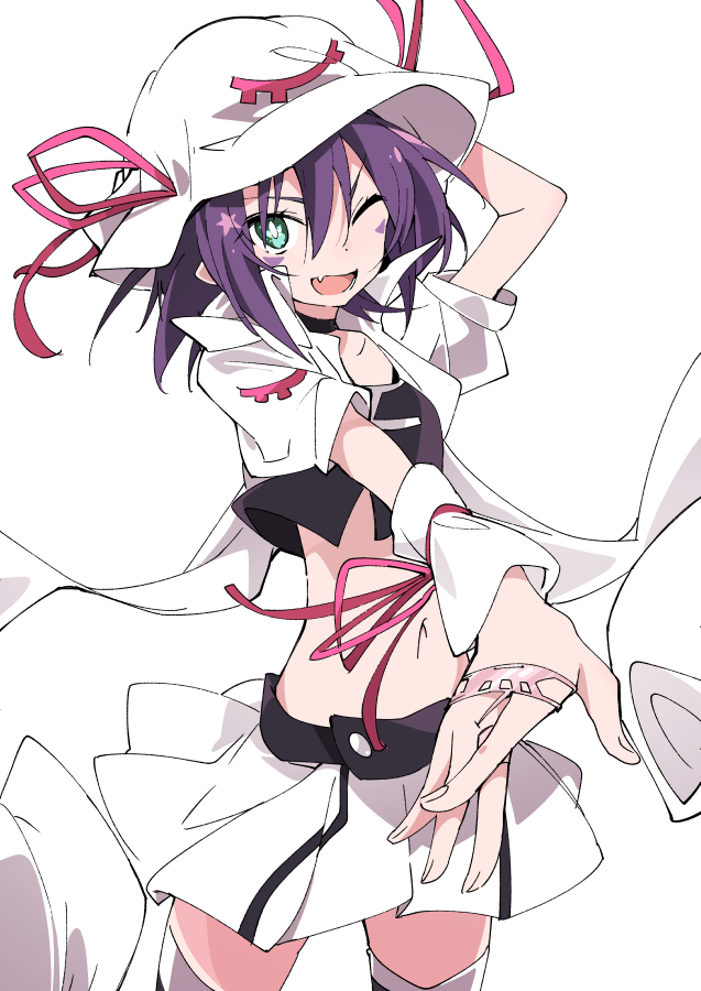 1girl ;d fang green_eyes hand_on_headwear hat hat_ribbon ixy looking_at_viewer merry_christmas merry_nightmare midriff navel one_eye_closed open_mouth purple_hair red_ribbon ribbon short_hair simple_background skirt smile solo standing thigh-highs v-shaped_eyebrows white_background white_headwear white_skirt yumekui_merry