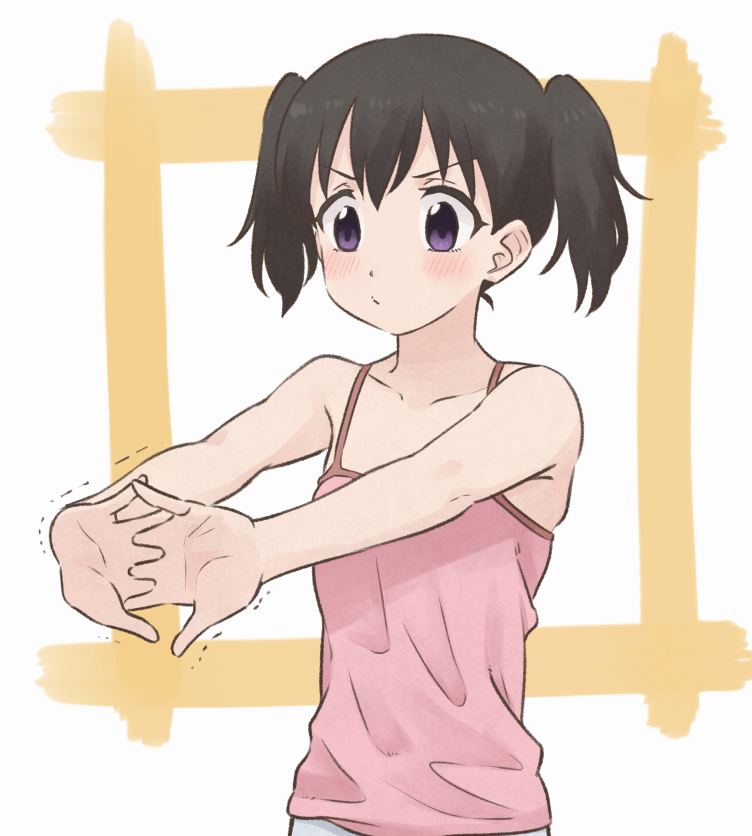 1girl black_hair blush camisole interlocked_fingers kuraue_hinata meis_(terameisu) motion_lines pink_shirt shirt short_hair sleeveless solo spaghetti_strap stretch twintails upper_body violet_eyes white_background yama_no_susume