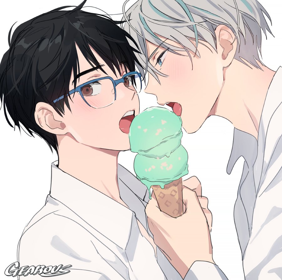 2boys black_hair blue-framed_eyewear blue_eyes blush brown_eyes close-up collared_shirt commentary dessert dress_shirt eyebrows_visible_through_hair face face-to-face food gearous glasses grey_hair half-closed_eyes holding holding_food ice_cream ice_cream_cone katsuki_yuuri leaning leaning_forward long_sleeves looking_at_another looking_at_viewer looking_to_the_side male_focus melting multiple_boys open_collar open_mouth profile semi-rimless_eyewear shaded_face sharing_food shiny shiny_hair shirt simple_background sleeves_past_wrists symbol_commentary teeth tongue upper_body upper_teeth viktor_nikiforov white_background white_shirt yaoi yuri!!!_on_ice