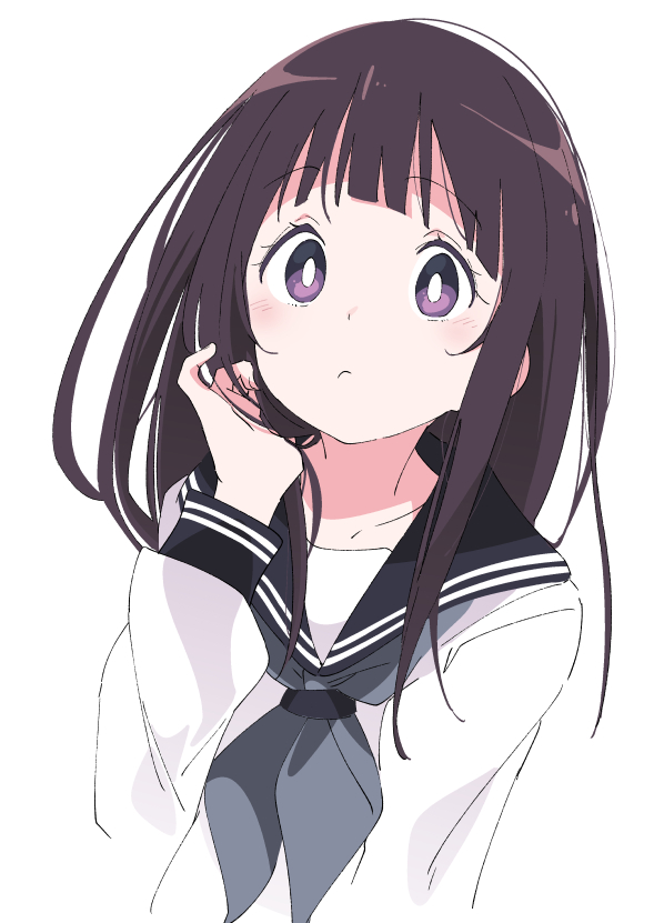 1girl bangs black_sailor_collar blunt_bangs blush brown_hair chitanda_eru closed_mouth eyebrows_visible_through_hair hyouka ixy kamiyama_high_school_uniform long_hair long_sleeves looking_at_viewer sailor_collar school_uniform serafuku simple_background solo upper_body violet_eyes white_background