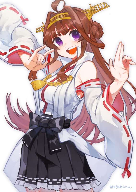 1girl ahoge artist_name black_skirt brown_hair detached_sleeves double_bun hairband headgear japanese_clothes kantai_collection kongou_(kantai_collection) long_hair looking_at_viewer mogamiya_honu open_mouth popped_collar remodel_(kantai_collection) ribbon-trimmed_sleeves ribbon_trim simple_background skirt smile solo upper_teeth violet_eyes white_background