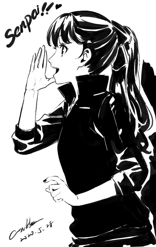 1girl black_eyes black_hair monochrome persona persona_5 persona_5_the_royal ponytail simple_background solo werkbau white_background yoshizawa_kasumi