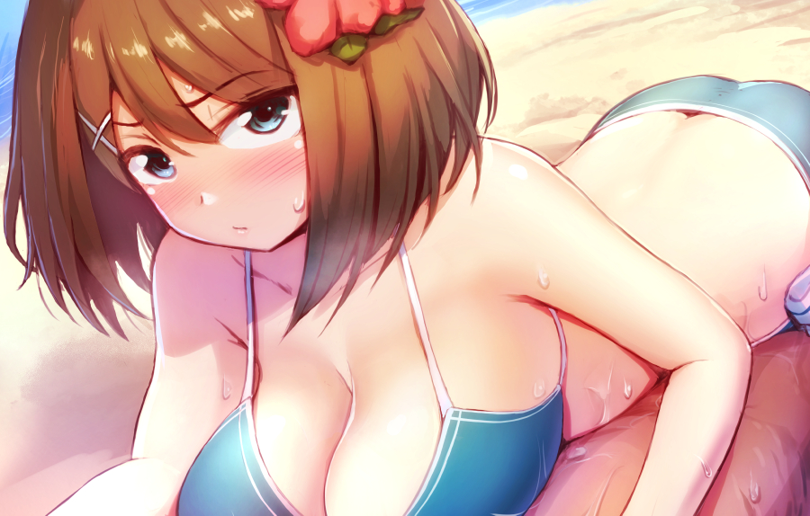 1girl ass beach bikini blue_bikini blue_eyes breasts brown_hair commentary_request flower h_(hhhhhh4649) hair_flower hair_ornament hairclip kantai_collection large_breasts looking_at_viewer lying maya_(kantai_collection) on_stomach short_hair solo sweat swimsuit x_hair_ornament