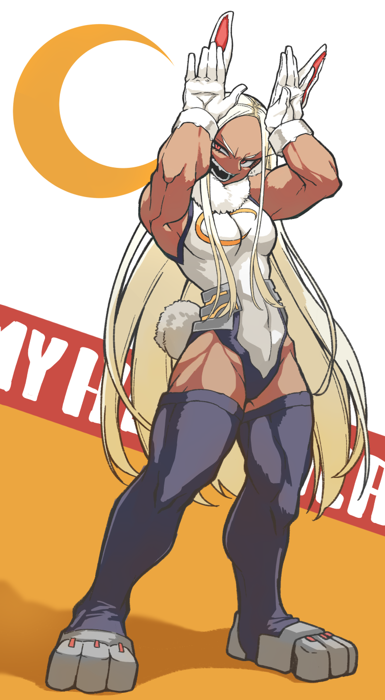 1girl animal_ears armpits arms_up bare_arms biceps black_legwear boku_no_hero_academia bunny_pose bunny_tail copyright_name crescent crescent_print dark_skin english_text evil_smile fang forehead full_body fur_collar gloves groin half-closed_eye highleg highleg_leotard highres leotard long_eyelashes long_hair looking_at_viewer masao_(kds_mso) mirko muscle muscular_female open_mouth pose rabbit_ears rabbit_girl red_eyes smile solo standing tail teeth thigh-highs v-shaped_eyebrows very_long_hair white_gloves white_hair