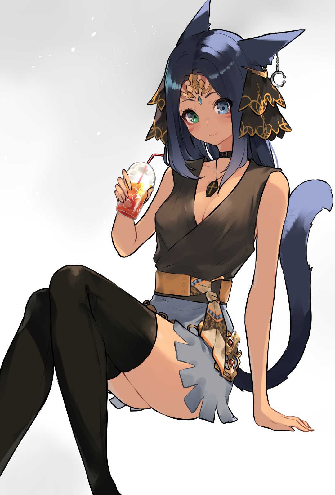 1girl animal_ears arm_rest blue_hair brown_shirt cat_ears collar crossed_legs drink earrings facial_mark final_fantasy final_fantasy_xiv grey_skirt hair_ornament heterochromia highres iced_tea jewelry necklace original sakotach sash shirt sitting skirt smile solo tail thigh-highs tiara